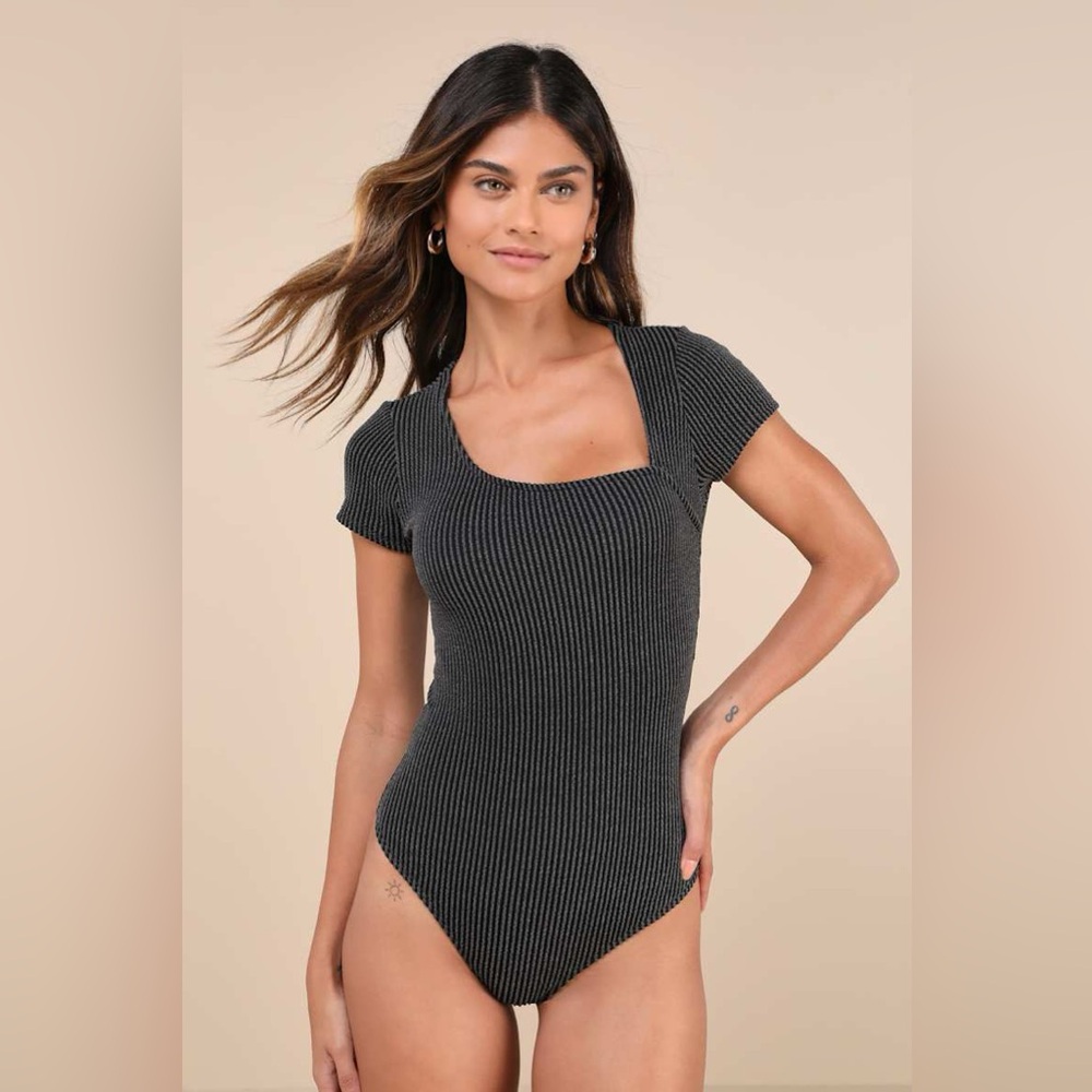 Lulus Unique Aura Charcoal Grey Textured Asymmetrical Bodysuit Size XL